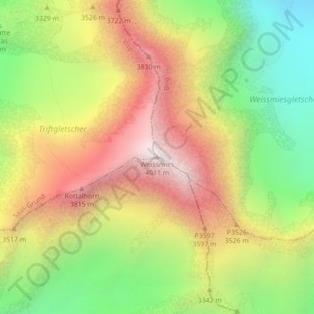 Topografisk kart Weissmies, høyde, relieff