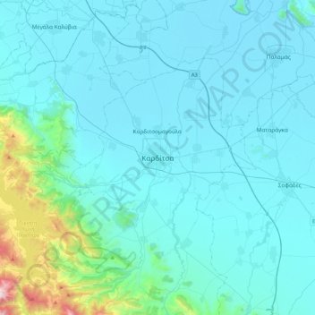 Topografisk kart Karditsa, høyde, relieff