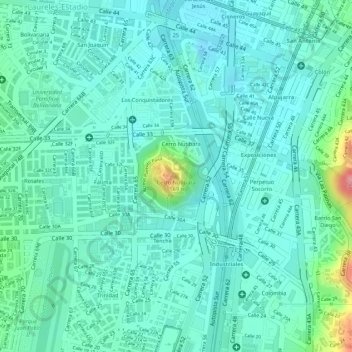 Topografisk kart Cerro Nutibara, høyde, relieff