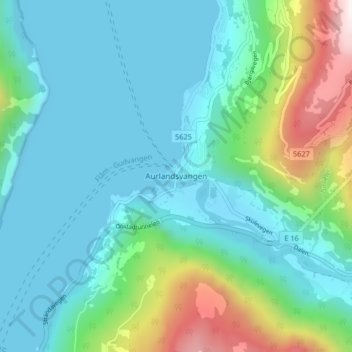 Topografisk kart Aurlandsvangen, høyde, relieff