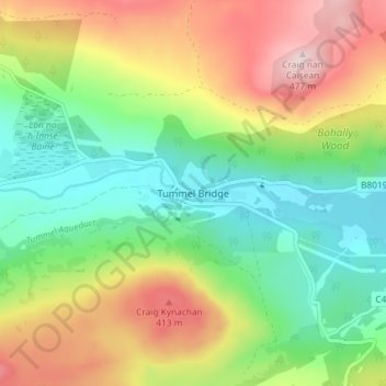 Topografisk kart Tummel Bridge, høyde, relieff