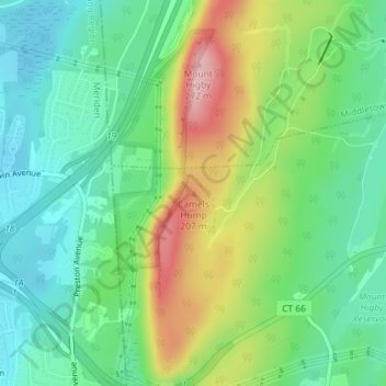 Topografisk kart Camels Hump, høyde, relieff