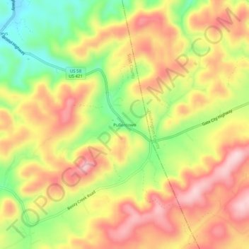 Topografisk kart Pullontown, høyde, relieff