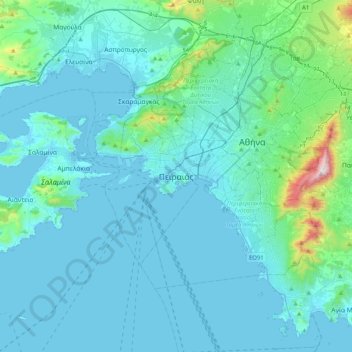 Topografisk kart Piraeus, høyde, relieff