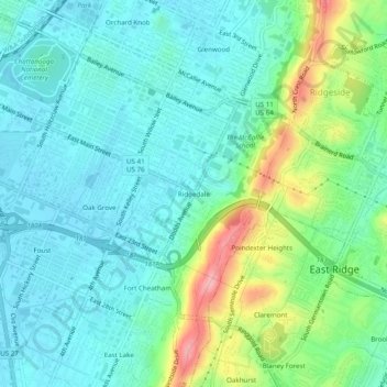 Topografisk kart Ridgedale, høyde, relieff