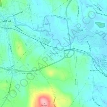 Topografisk kart East Milford, høyde, relieff