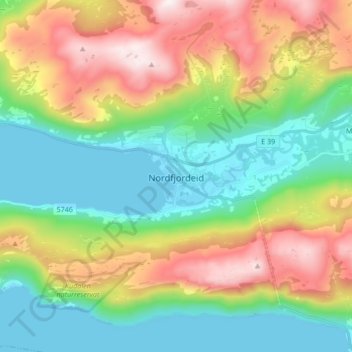 Topografisk kart Nordfjordeid, høyde, relieff