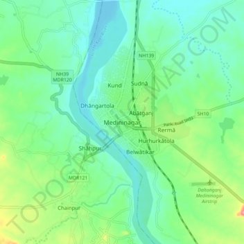 Topografisk kart Medininagar, høyde, relieff