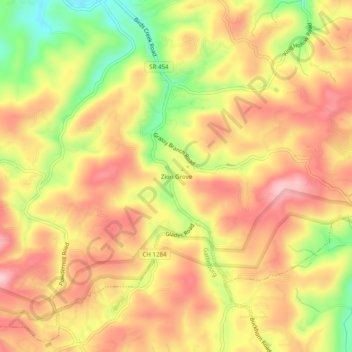 Topografisk kart Zion Grove, høyde, relieff