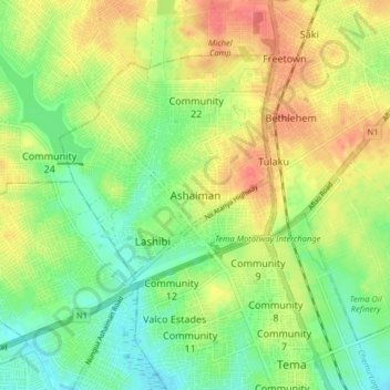 Topografisk kart Ashaiman, høyde, relieff