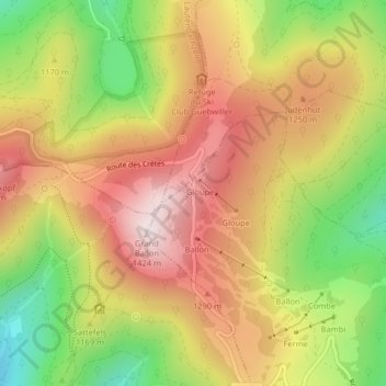 Topografisk kart Col du Grand Ballon, høyde, relieff