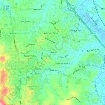 Topografisk kart Fair Oaks, høyde, relieff