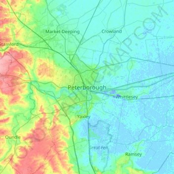 Topografisk kart Peterborough, høyde, relieff