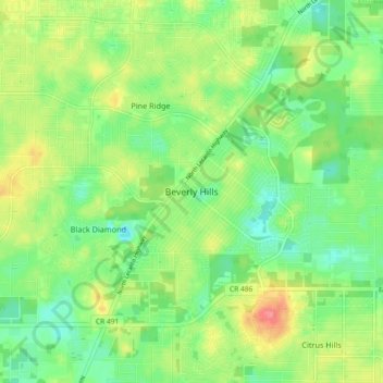 Topografisk kart Beverly Hills, høyde, relieff