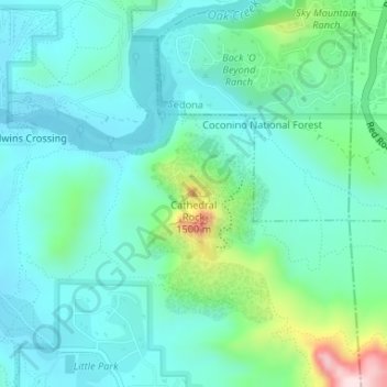 Topografisk kart Cathedral Rock, høyde, relieff