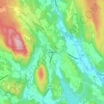 Topografisk kart Andebu, høyde, relieff
