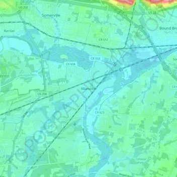 Topografisk kart Manville, høyde, relieff