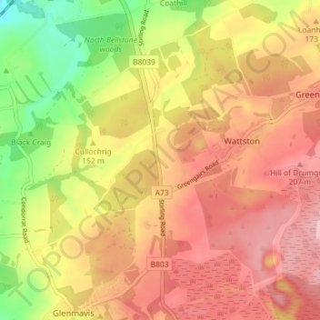 Topografisk kart Riggend, høyde, relieff