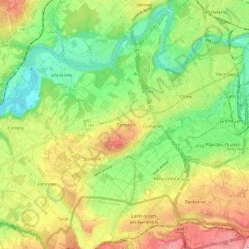 Topografisk kart Bernex, høyde, relieff