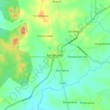 Topografisk kart Kalaghatagi, høyde, relieff