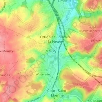 Topografisk kart Mousty, høyde, relieff