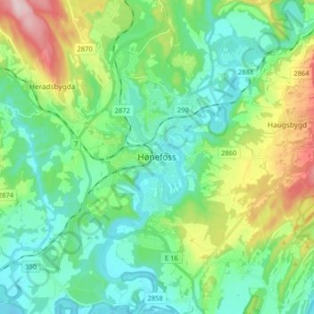 Topografisk kart Hønefoss, høyde, relieff