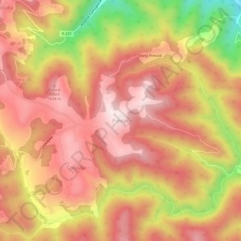 Topografisk kart Prevlak, høyde, relieff