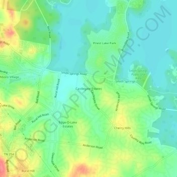 Topografisk kart Castlegate Estates, høyde, relieff
