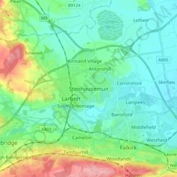 Topografisk kart Stenhousemuir, høyde, relieff