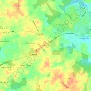 Topografisk kart Davidsonville, høyde, relieff