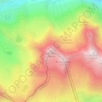 Topografisk kart Piz Valdraus, høyde, relieff