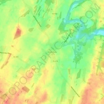 Topografisk kart Welsh Run, høyde, relieff