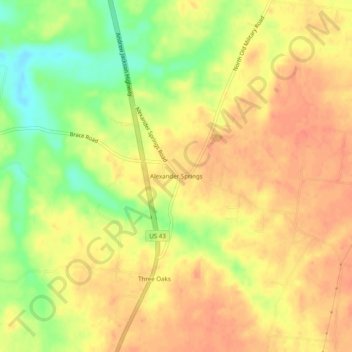 Topografisk kart Alexander Springs, høyde, relieff
