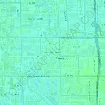 Topografisk kart Plantation Gardens, høyde, relieff