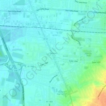 Topografisk kart Okolona, høyde, relieff