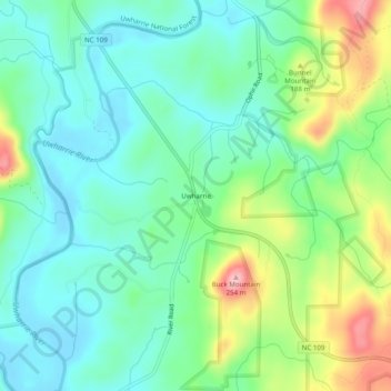 Topografisk kart Uwharrie, høyde, relieff