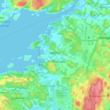Topografisk kart Björlanda, høyde, relieff