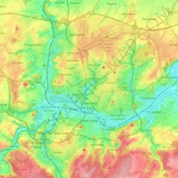Topografisk kart Charleroi, høyde, relieff