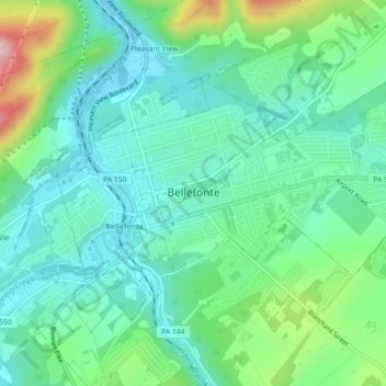 Topografisk kart Bellefonte, høyde, relieff