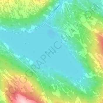 Topografisk kart Djupsjøen, høyde, relieff