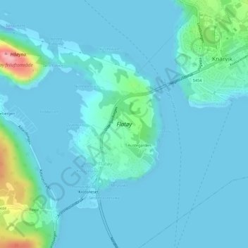 Topografisk kart Flatøy, høyde, relieff
