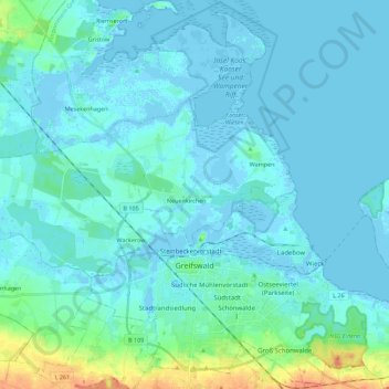 Topografisk kart Greifswald, høyde, relieff