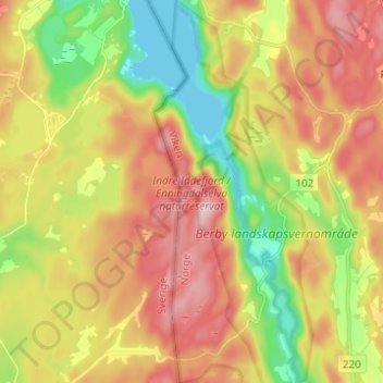 Topografisk kart Indre Iddefjord / Enningdalselva naturreservat, høyde, relieff