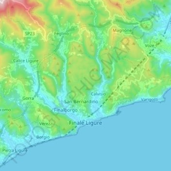 Topografisk kart Finale Ligure, høyde, relieff