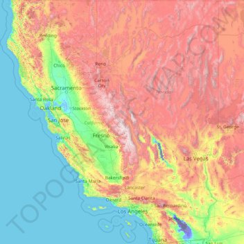 Topografisk kart California, høyde, relieff