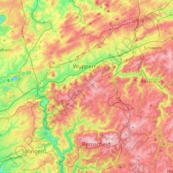 Topografisk kart Wuppertal, høyde, relieff
