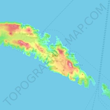 Topografisk kart Šolta, høyde, relieff