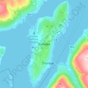 Topografisk kart Tromsøya, høyde, relieff