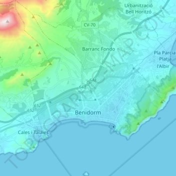 Topografisk kart Benidorm, høyde, relieff