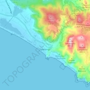 Topografisk kart Sperlonga, høyde, relieff